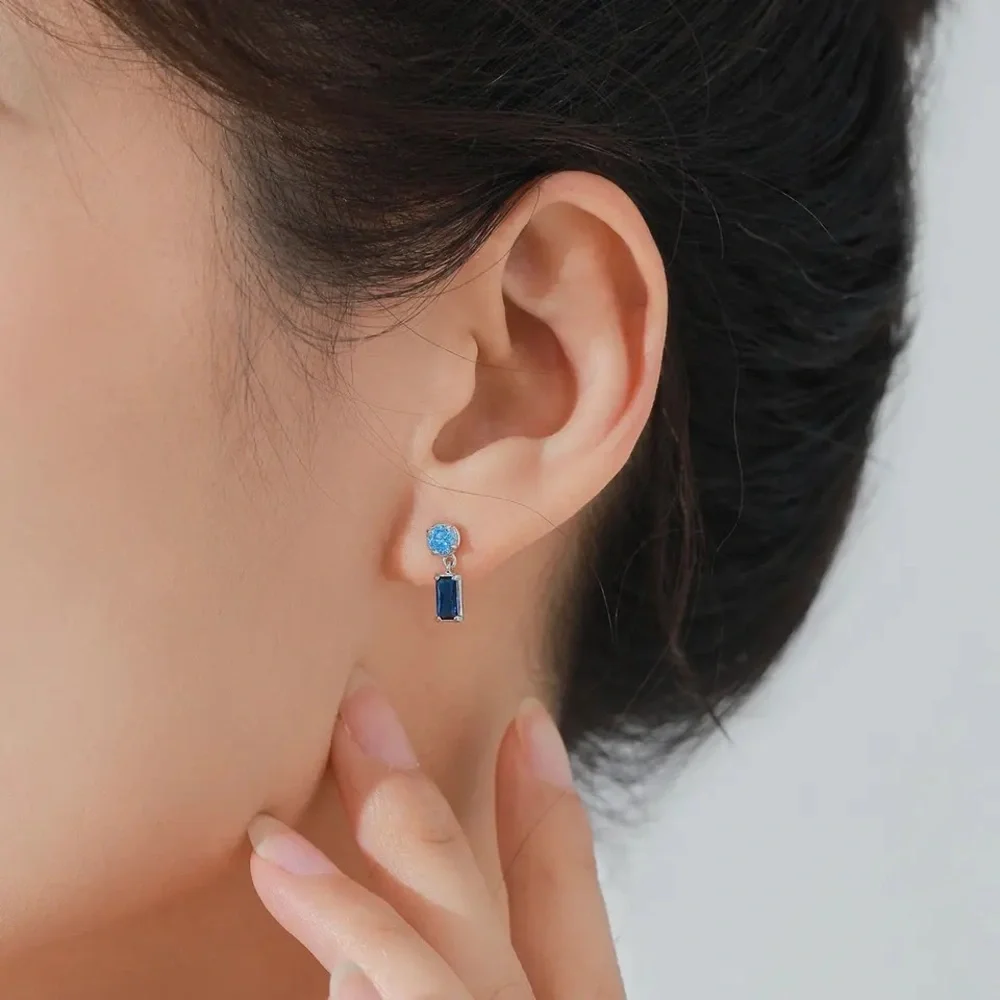 Anthro 2-tone Blue Sapphire Crystal Geometrical Sterling Silver Stud Earrings - Picture 5 of 16